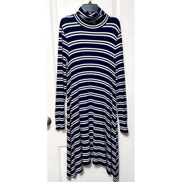 Anthropologie Maeve Striped Navy & White Long-Sleeve Turtleneck Midi Dress Size - Picture 6 of 14